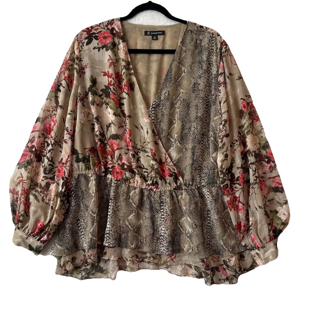 INC Sheer Floral Snakeskin Patchwork V Wrap Peplum Balloon Sleeve Blouse 2X Boho